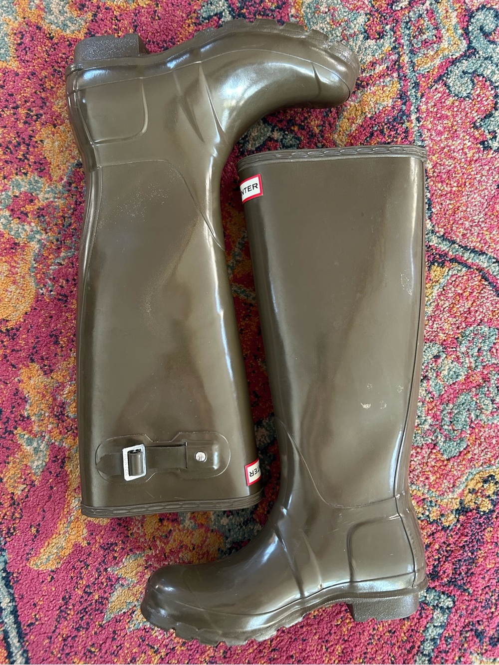 Hunter | Women’s Olive Green Gloss Original Tall Rubber Rain Boots Size 6 - Picture 3 of 14